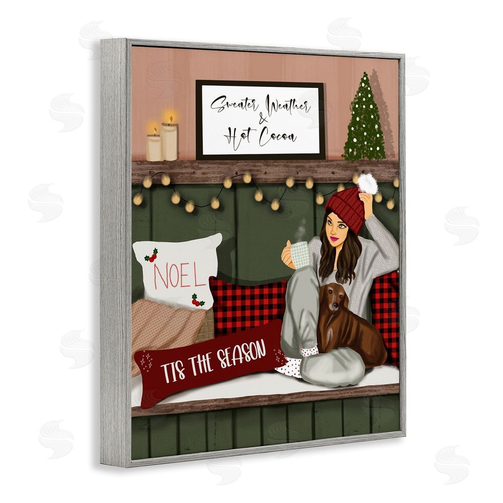 Saba Rauf Cozy Girl with Christmas Phrases Gray Framed Giclee Wall Art Print