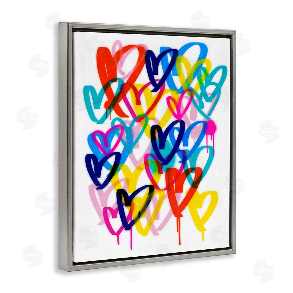Victoria Barnes Hearts with Paint Drip Grey Floating Frame Canvas Wall Art Print