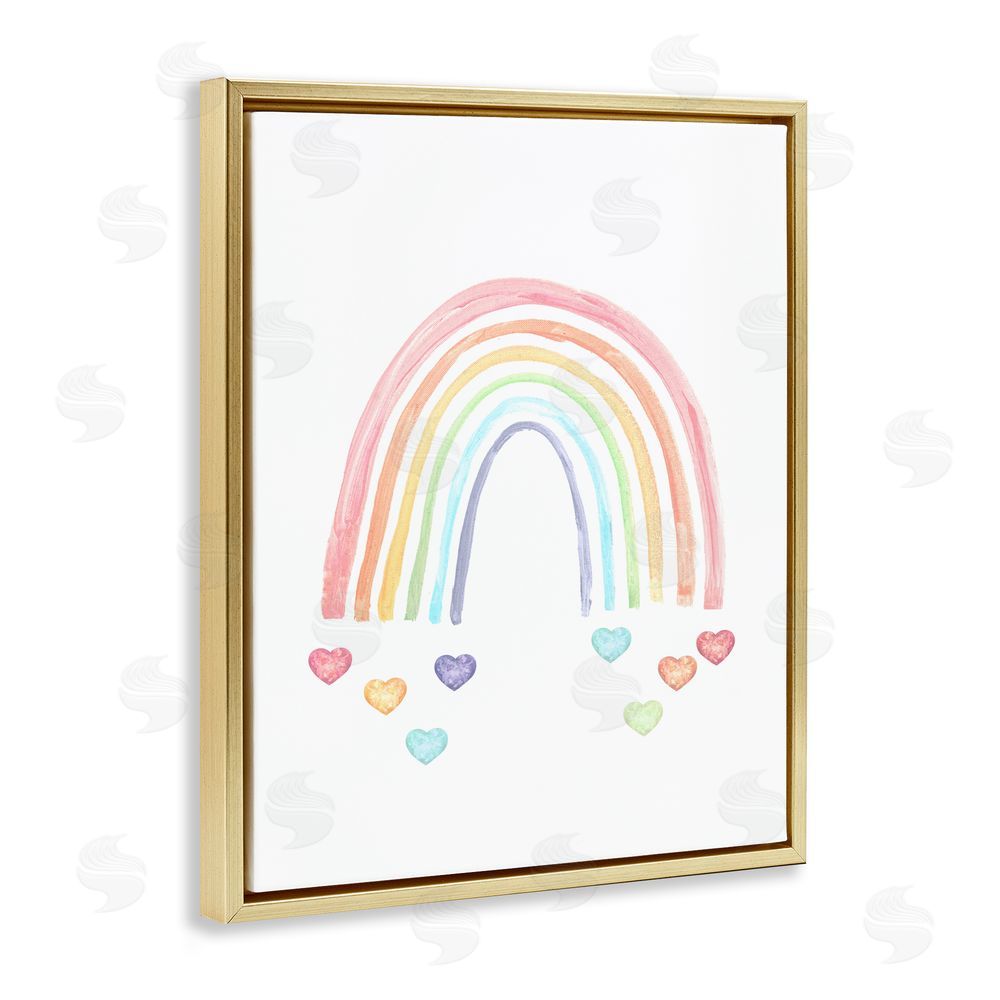 Stupell Studio Rainbow with Falling Hearts Gold Floating Frame Canvas Wall Art Print