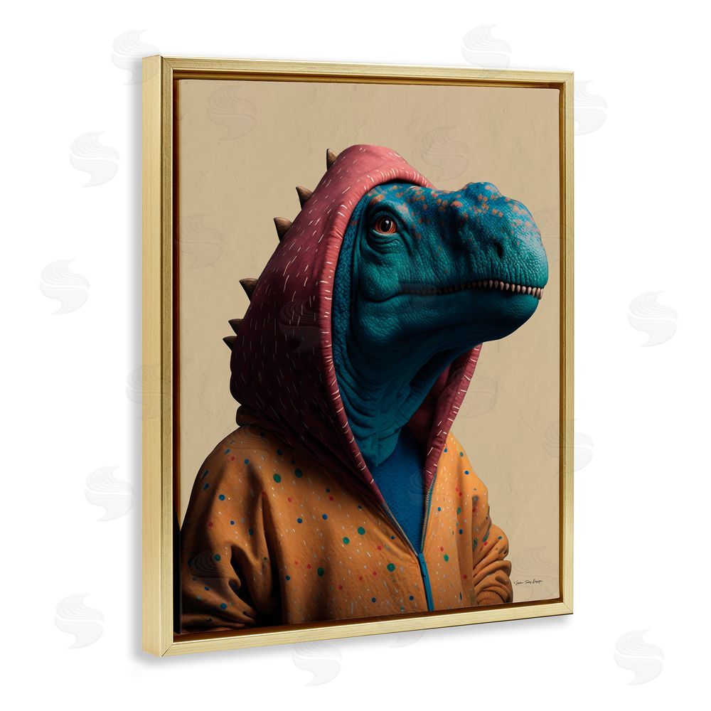 Seven Trees Design Fun T-Rex in Hoodie Gold Floating Frame Canvas Wall Art Print