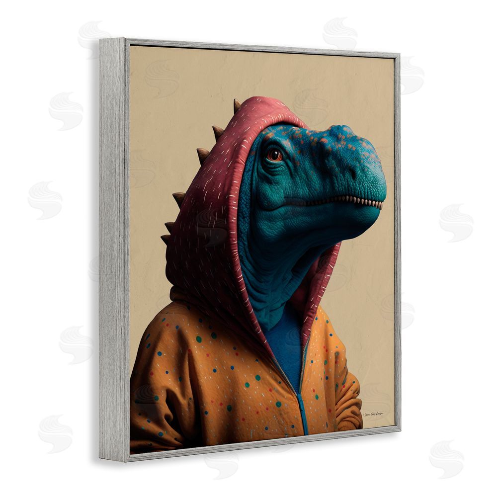 Seven Trees Design Fun T-Rex in Hoodie Gray Framed Giclee Wall Art Print