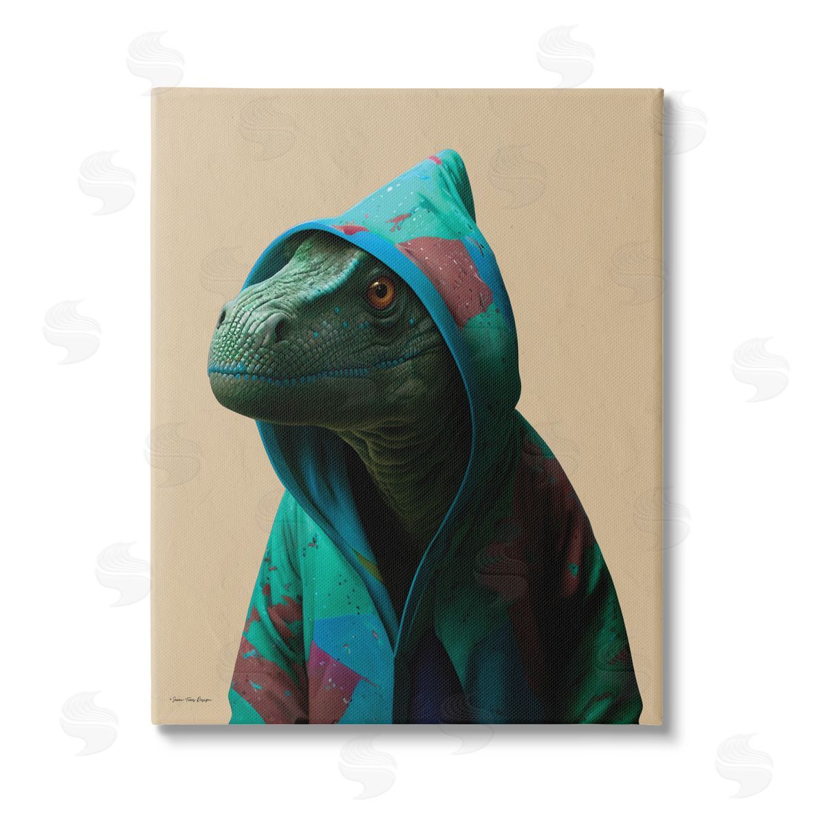 Seven Trees Design Dinosaur in Stylish Hoodie Stretched Canvas Wall Art Print