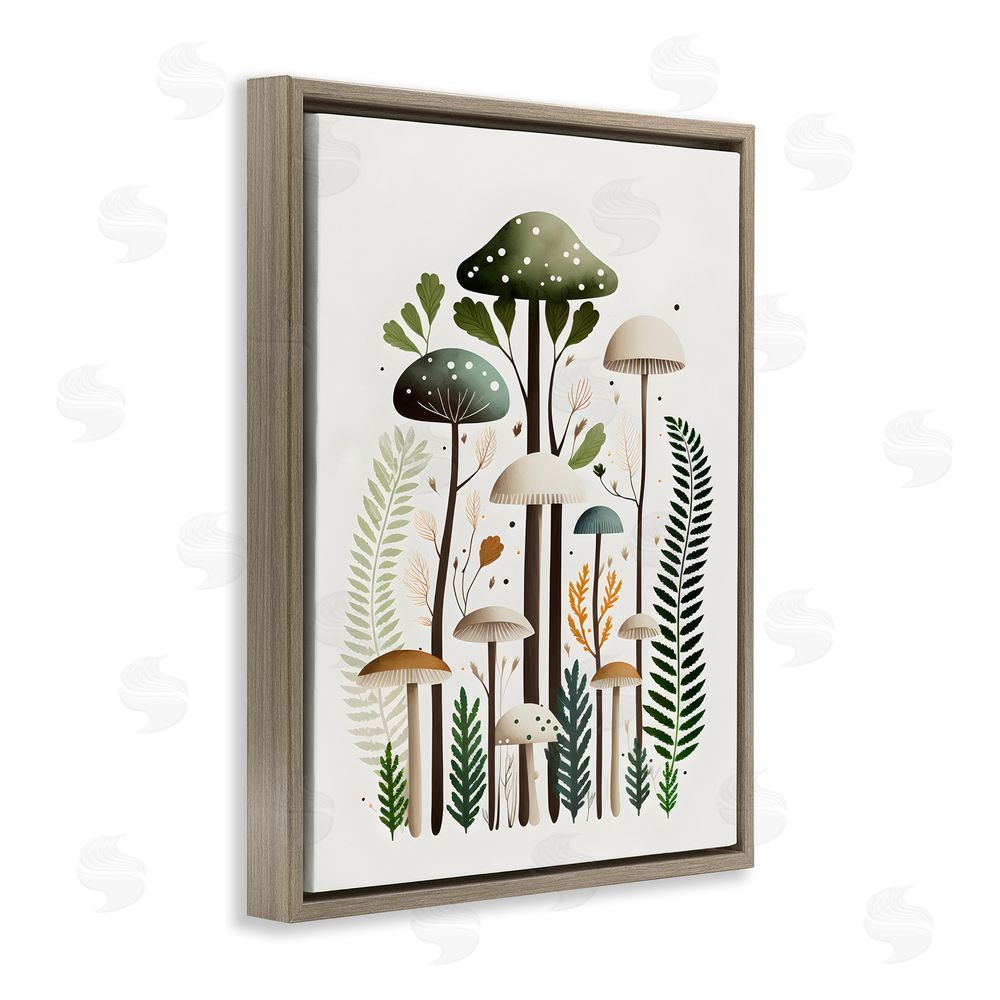 Petal Prints Design Whimsical Green Mushrooms Brown Floating Frame Canvas Wall Art Print