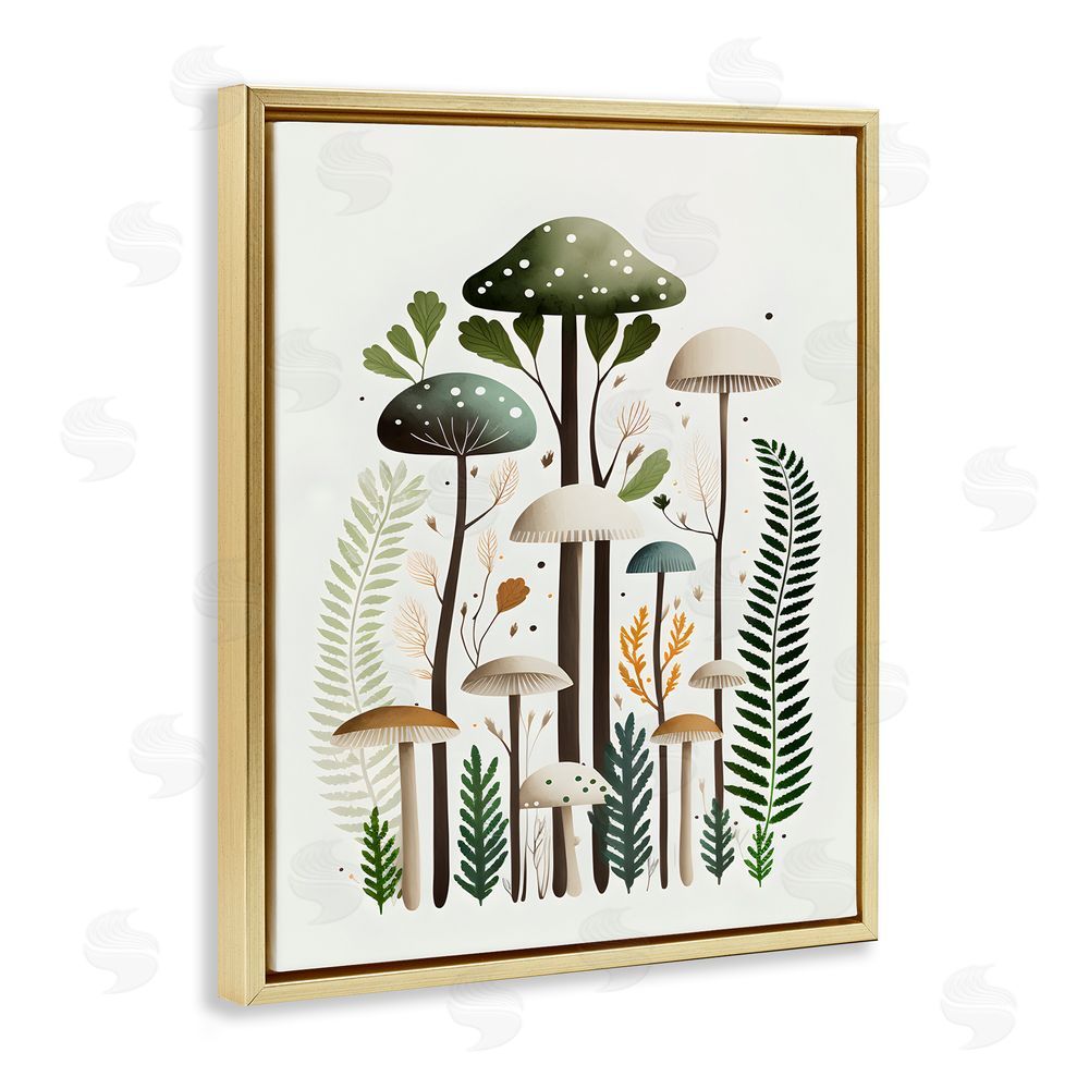 Petal Prints Design Whimsical Green Mushrooms Gold Floating Frame Canvas Wall Art Print