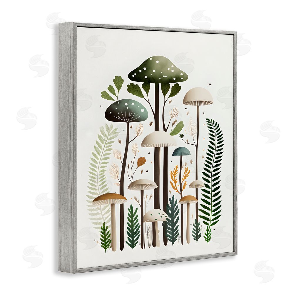 Petal Prints Design Whimsical Green Mushrooms Gray Framed Giclee Wall Art Print