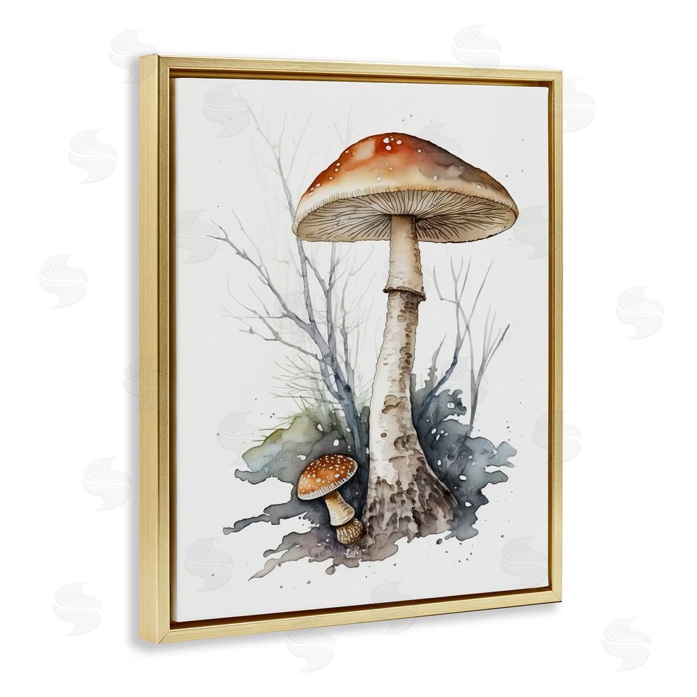 Petal Prints Design Mushroom Watercolor Splash Gold Floating Frame Canvas Wall Art Print