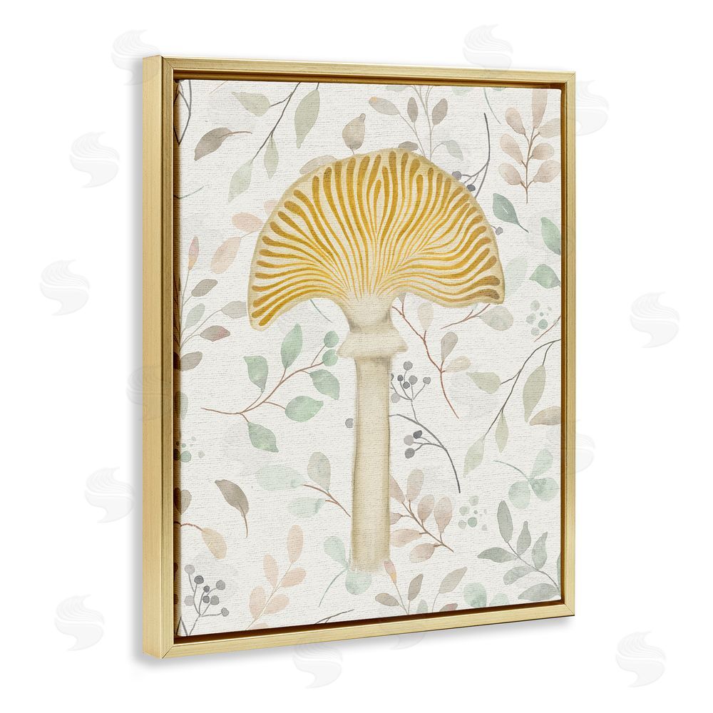 Stupell Studio Yellow Mushroom & Leaves Gold Floating Frame Canvas Wall Art Print