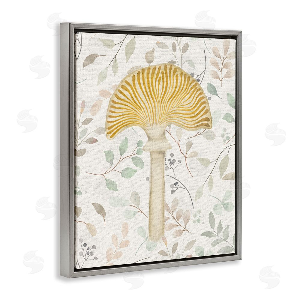 Stupell Studio Yellow Mushroom & Leaves Grey Floating Frame Canvas Wall Art Print