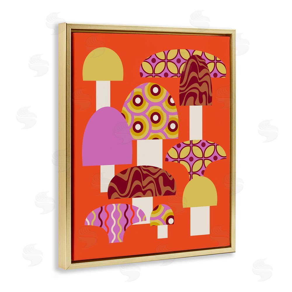 Stupell Studio Retro Patterned Mushrooms Gold Floating Frame Canvas Wall Art Print