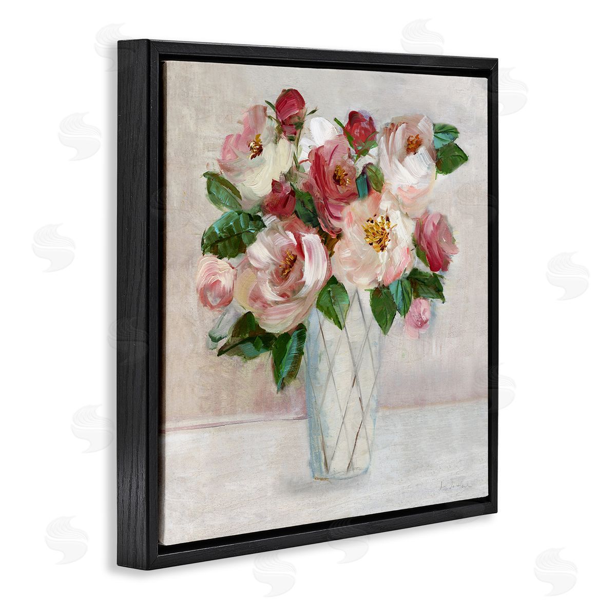 Pink & Red Rose Bouquet Black Floating Frame Canvas Wall Art, Home Decor by Sally Swatland