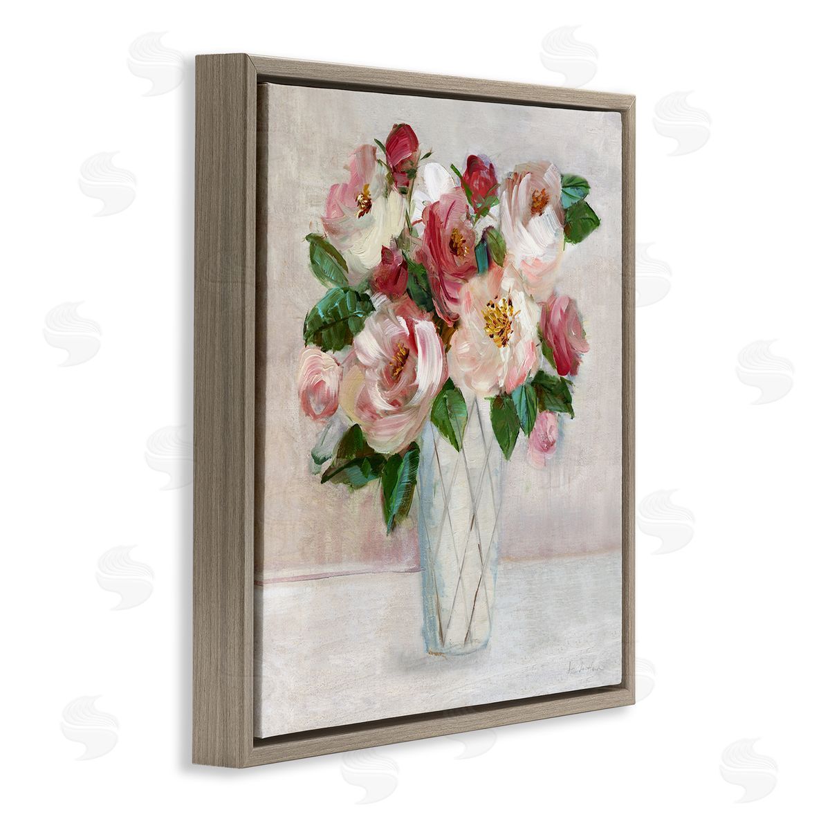 Pink & Red Rose Bouquet Brown Floating Frame Canvas Wall Art, Home Decor by Sally Swatland