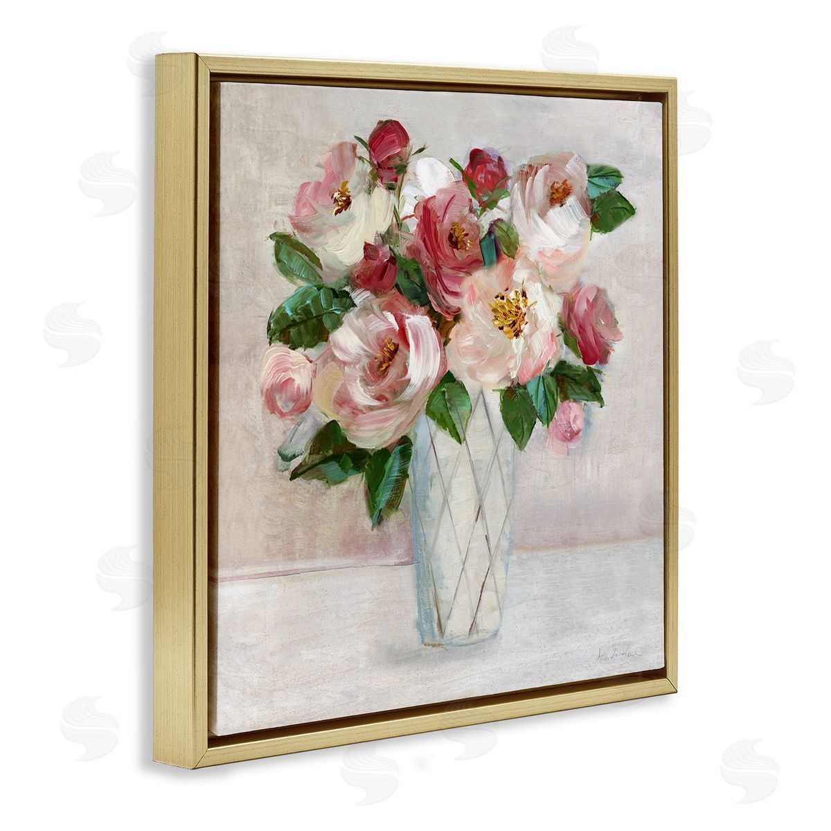 Pink & Red Rose Bouquet Gold Floating Frame Canvas Wall Art, Home Decor by Sally Swatland