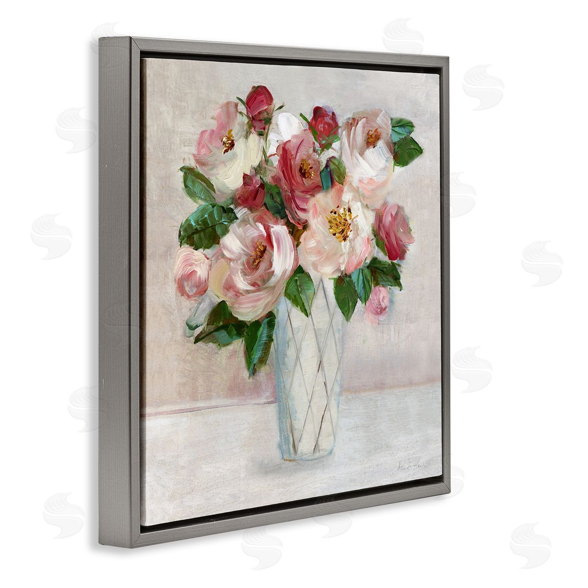 Pink & Red Rose Bouquet Grey Floating Frame Canvas Wall Art, Home Decor by Sally Swatland