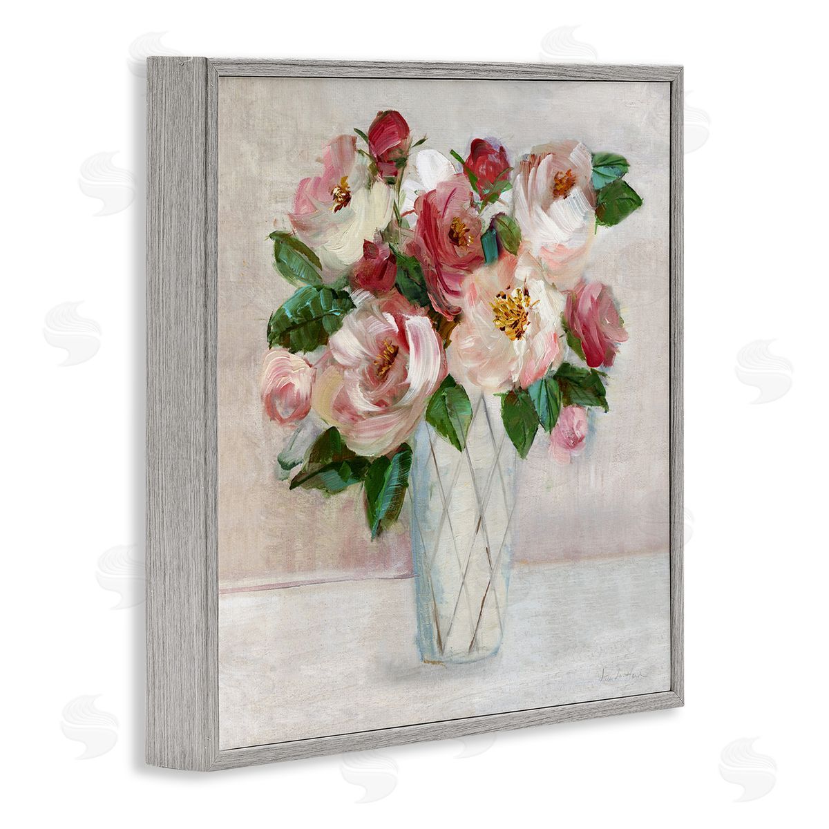 Pink & Red Rose Bouquet Grey Frame Print Wall Art, Home Decor by Sally Swatland