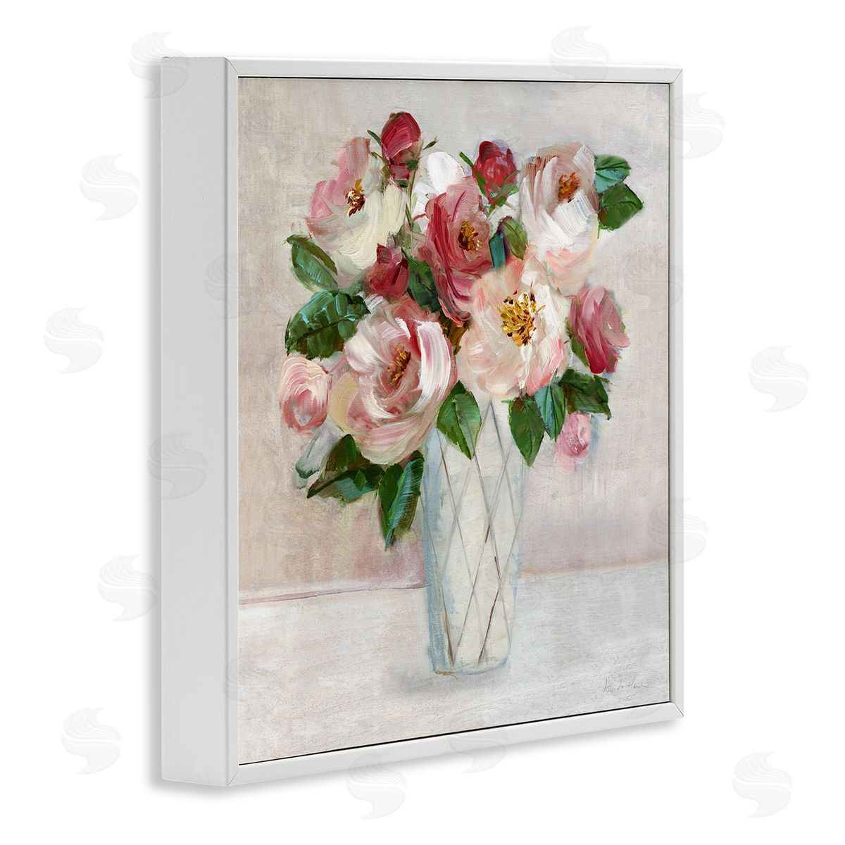 Pink & Red Rose Bouquet White Frame Print Wall Art, Home Decor by Sally Swatland