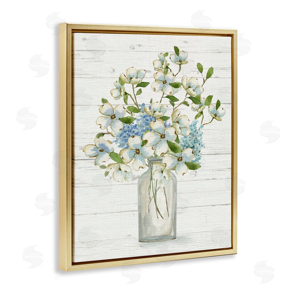 Nan Rustic Planked Dogwood Bouquet Gold Floating Frame Canvas Wall Art Print