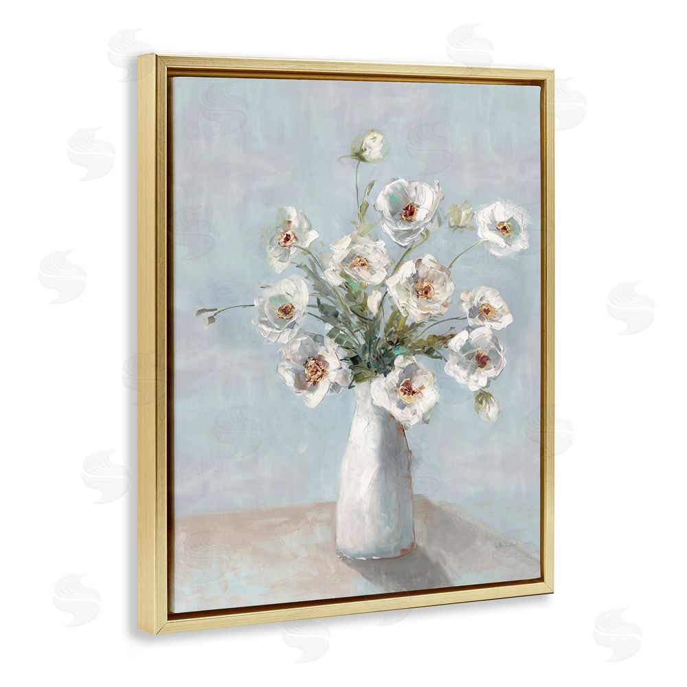 Sally Swatland Traditional White Blooms Gold Floating Frame Canvas Wall Art Print