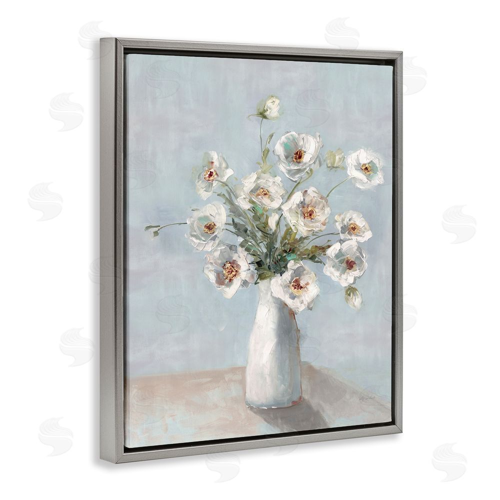 Sally Swatland Traditional White Blooms Grey Floating Frame Canvas Wall Art Print