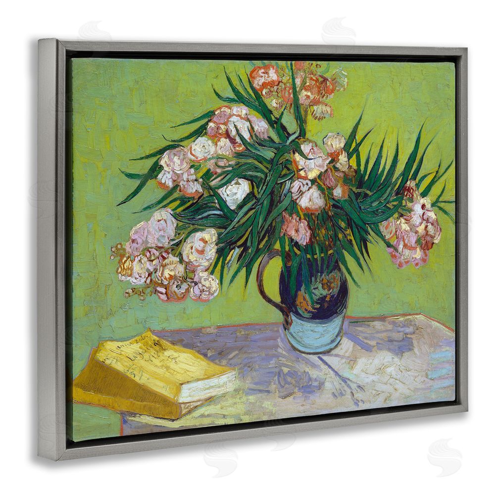 Vincent Van Gogh Classic Flowers & Books Grey Floating Frame Canvas Wall Art Print