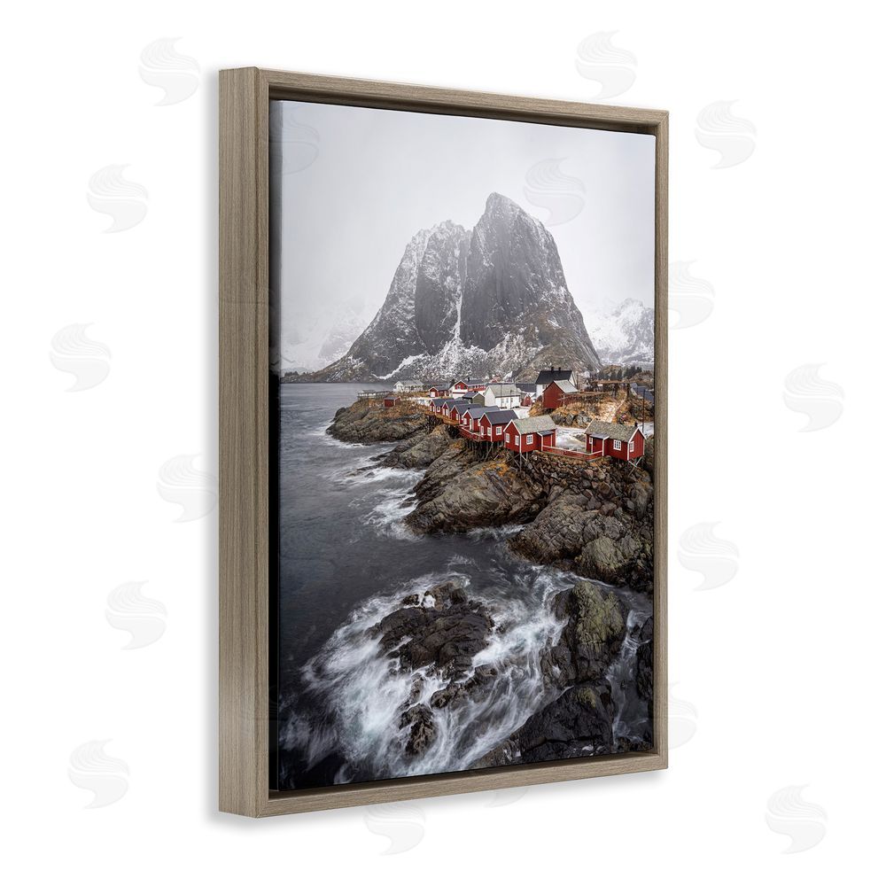 Danny Head Snowy Coastal Village Brown Floating Frame Canvas Wall Art Print