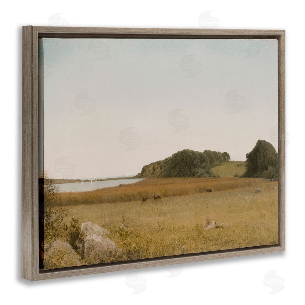 Lettered and Lined Countryside Grazing Cows Brown Floating Frame Canvas Wall Art Print