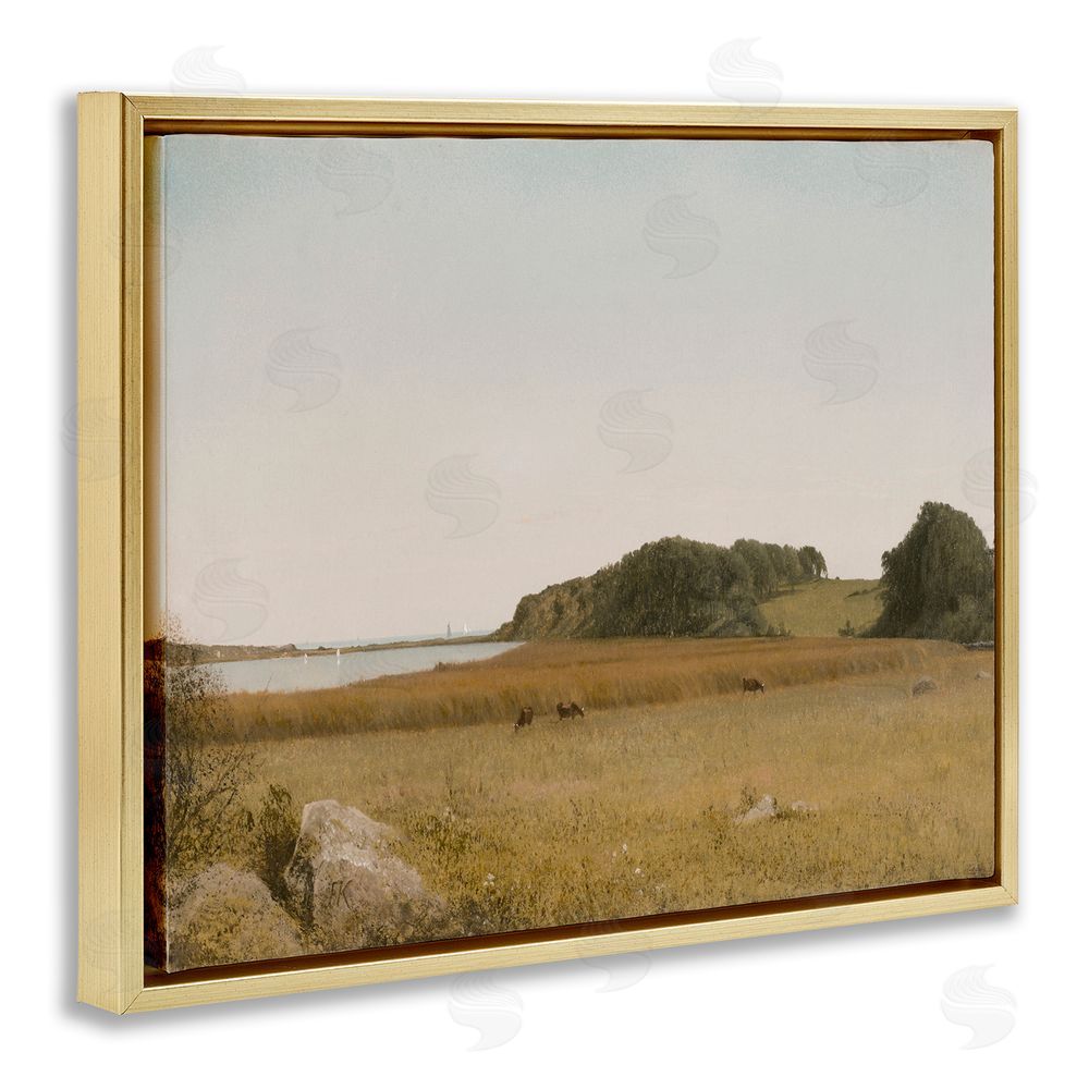 Lettered and Lined Countryside Grazing Cows Gold Floating Frame Canvas Wall Art Print