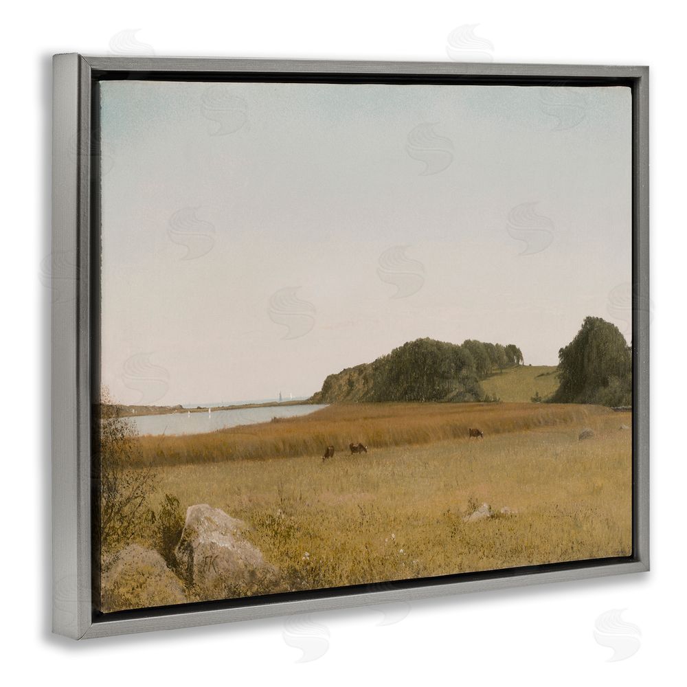 Lettered and Lined Countryside Grazing Cows Grey Floating Frame Canvas Wall Art Print