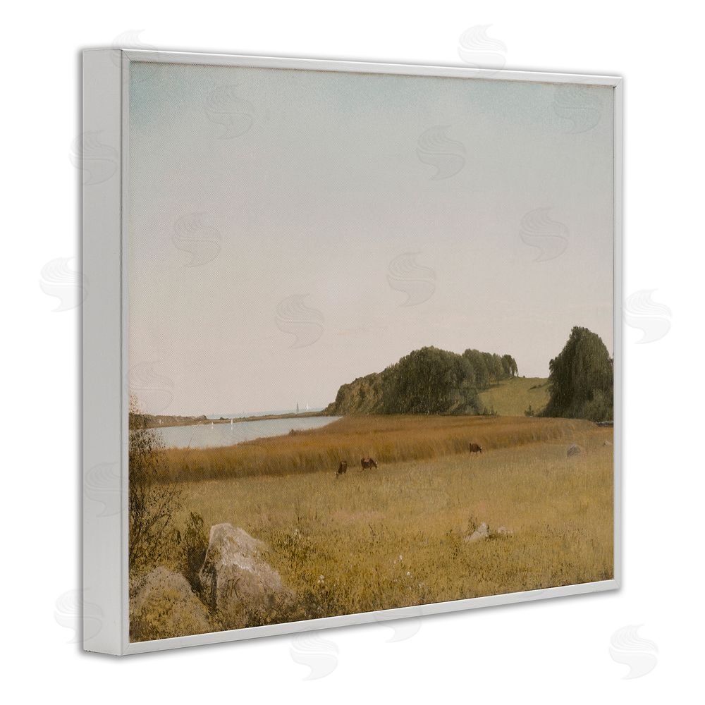 Lettered and Lined Countryside Grazing Cows White Framed Giclee Wall Art Print