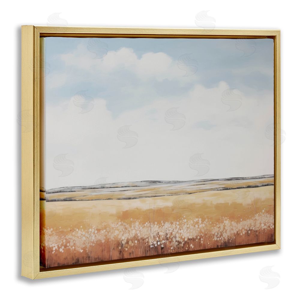 Lettered and Lined Abstract Countryside View Gold Floating Frame Canvas Wall Art Print