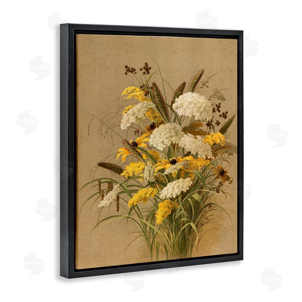 Lettered and Lined Vintage Daisy Bouquet Black Floating Frame Canvas Wall Art Print