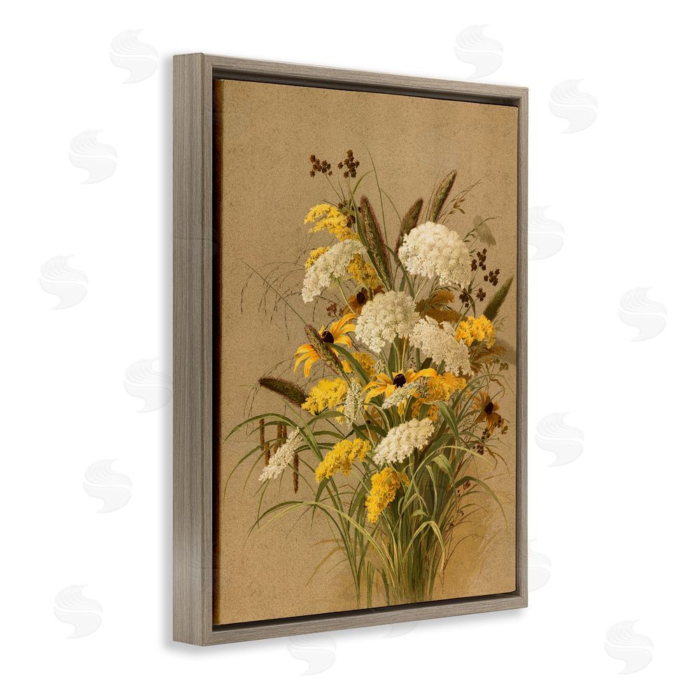 Lettered and Lined Vintage Daisy Bouquet Brown Floating Frame Canvas Wall Art Print