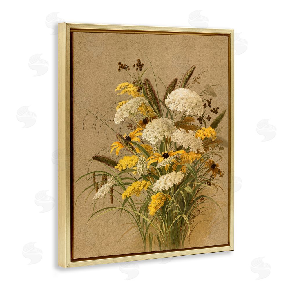Lettered and Lined Vintage Daisy Bouquet Gold Floating Frame Canvas Wall Art Print