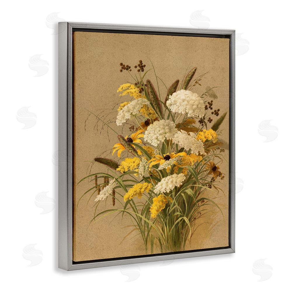 Lettered and Lined Vintage Daisy Bouquet Grey Floating Frame Canvas Wall Art Print