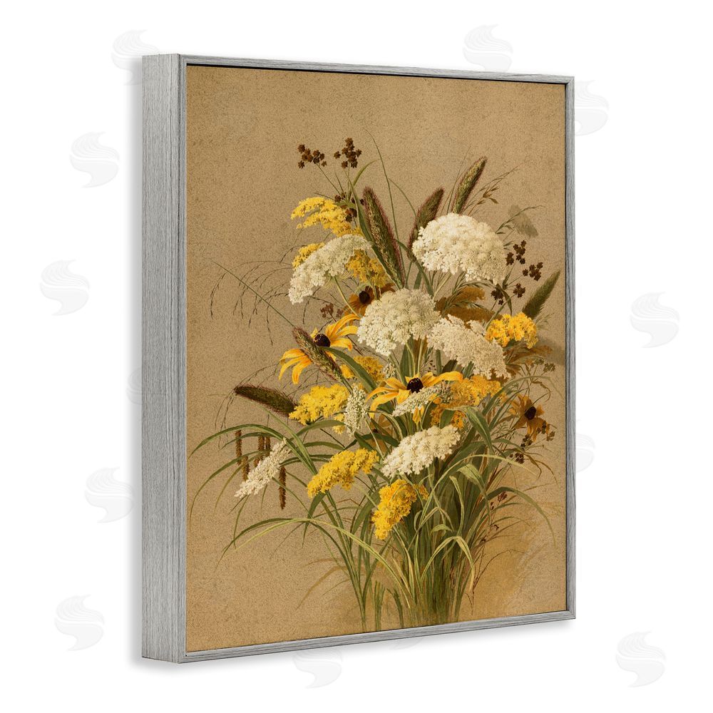 Lettered and Lined Vintage Daisy Bouquet Gray Framed Giclee Wall Art Print