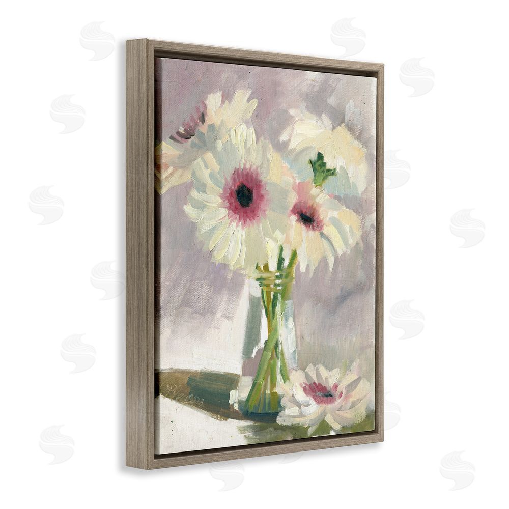 Bley Hack White Mums Painting Brown Floating Frame Canvas Wall Art Print