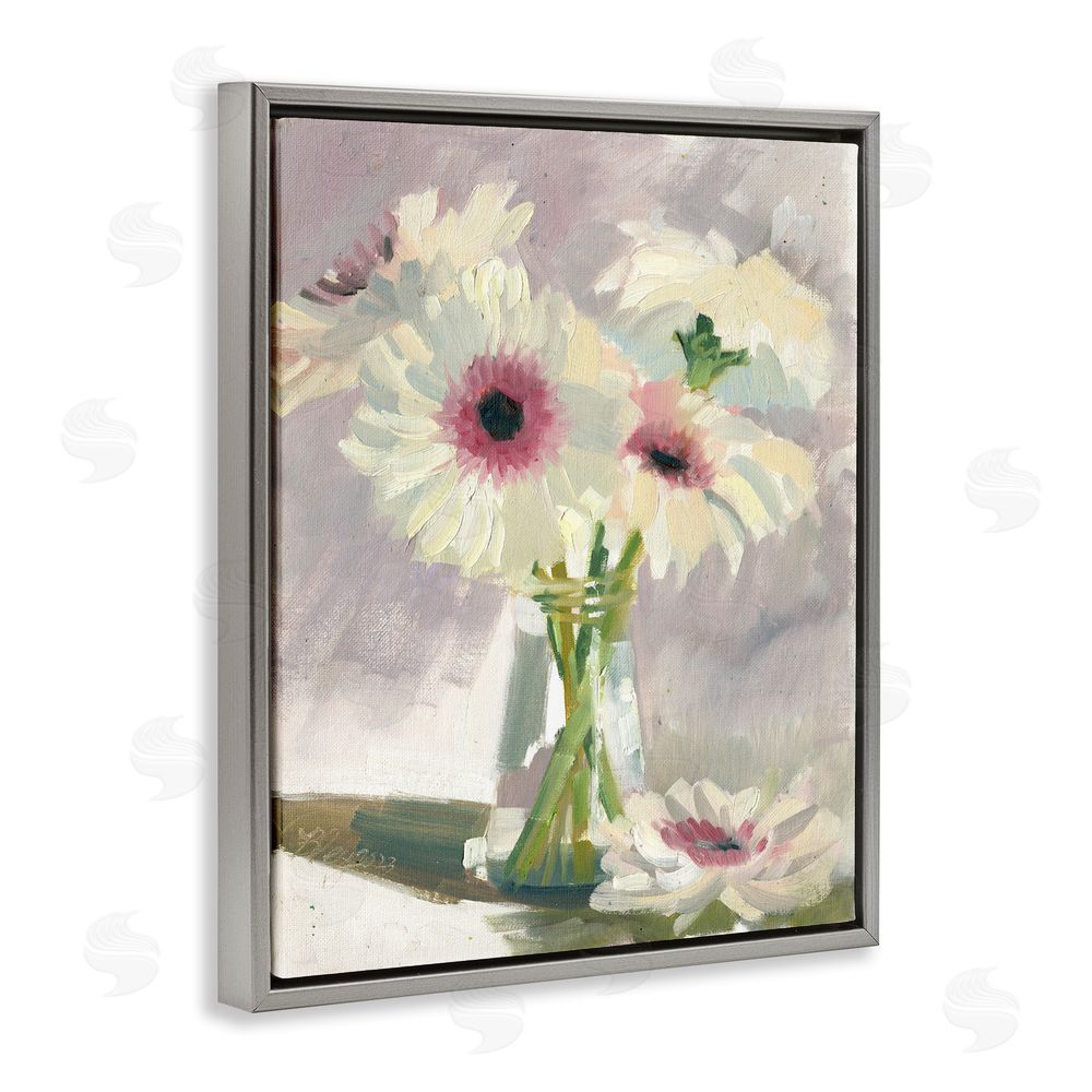 Bley Hack White Mums Painting Grey Floating Frame Canvas Wall Art Print