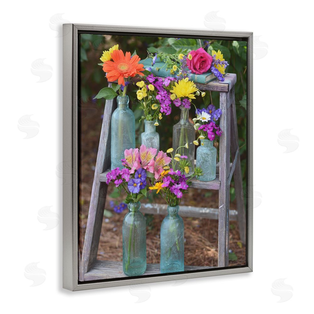 Claire Brocato Country Flower Jars Grey Floating Frame Canvas Wall Art Print