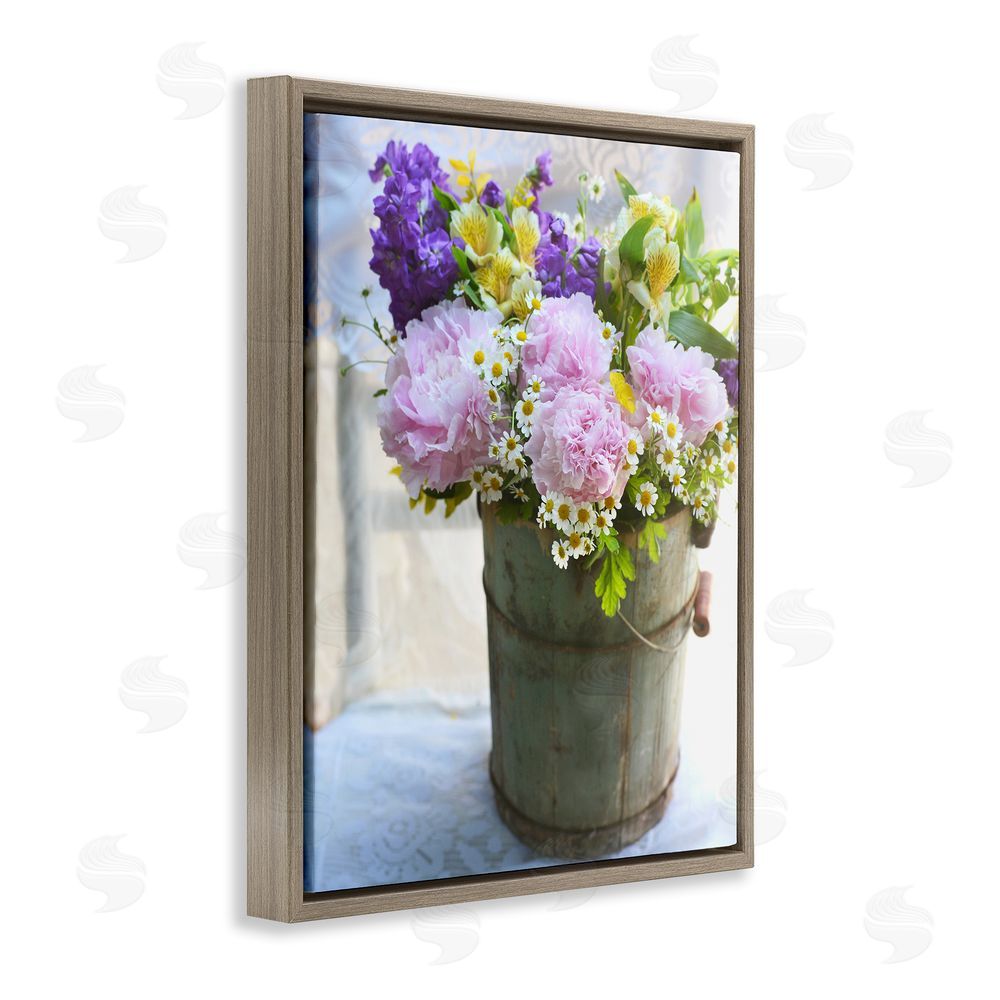 Claire Brocato Flowers in Country Tin Brown Floating Frame Canvas Wall Art Print