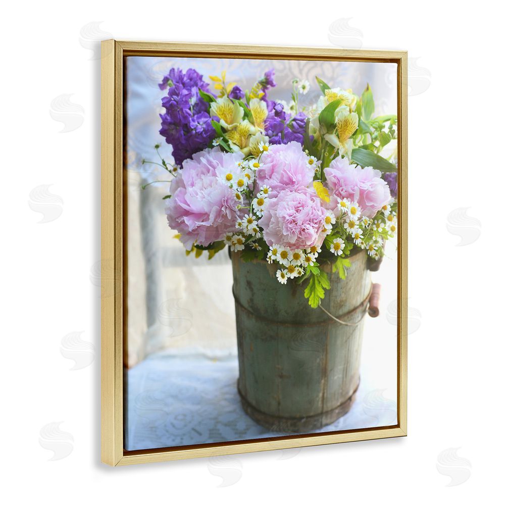 Claire Brocato Flowers in Country Tin Gold Floating Frame Canvas Wall Art Print