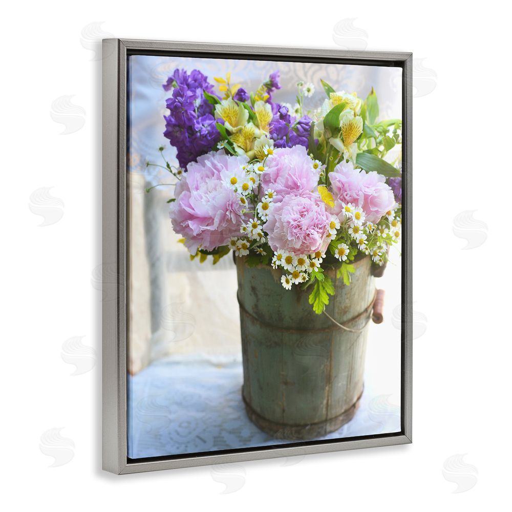 Claire Brocato Flowers in Country Tin Grey Floating Frame Canvas Wall Art Print