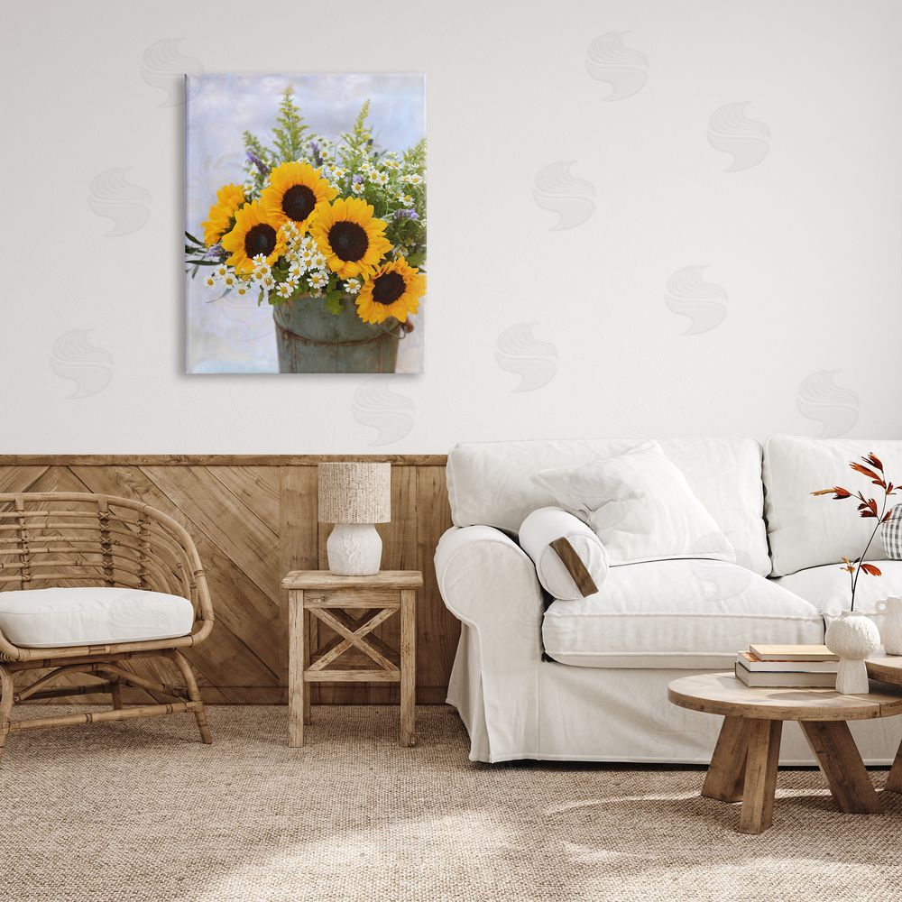 Claire Brocato Sunflower Bouquet in Tin Canvas Wall Art Print in Room
