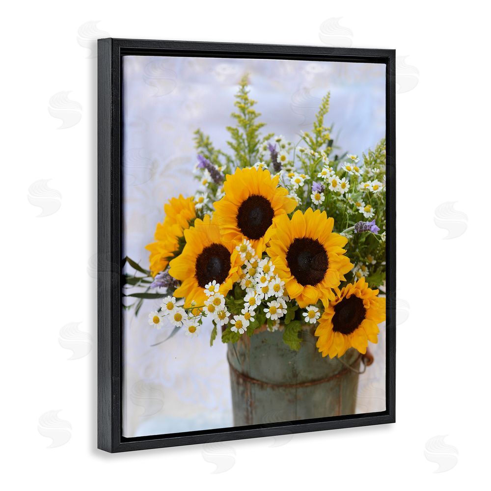 Claire Brocato Sunflower Bouquet in Tin Black Floating Frame Canvas Wall Art Print
