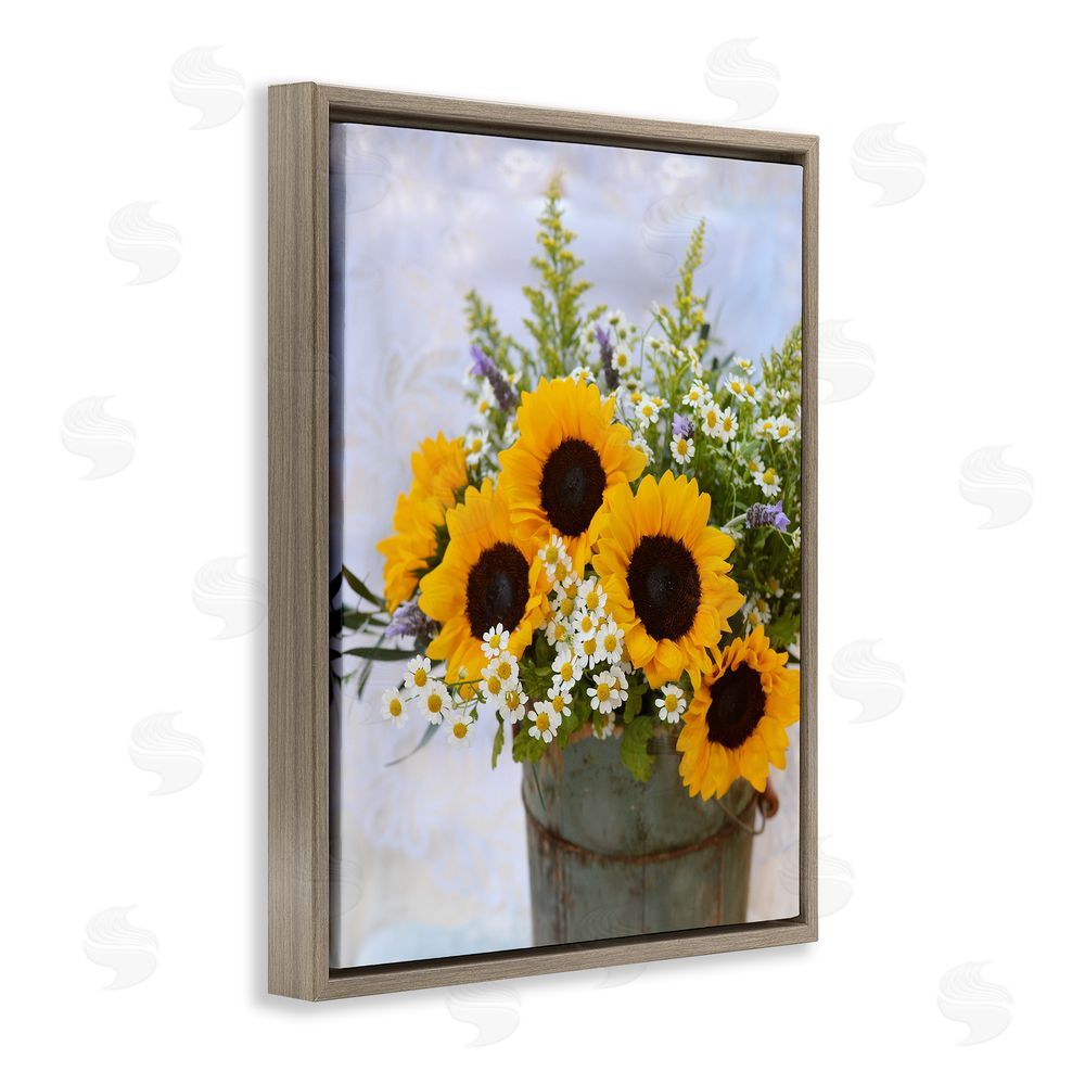 Claire Brocato Sunflower Bouquet in Tin Brown Floating Frame Canvas Wall Art Print