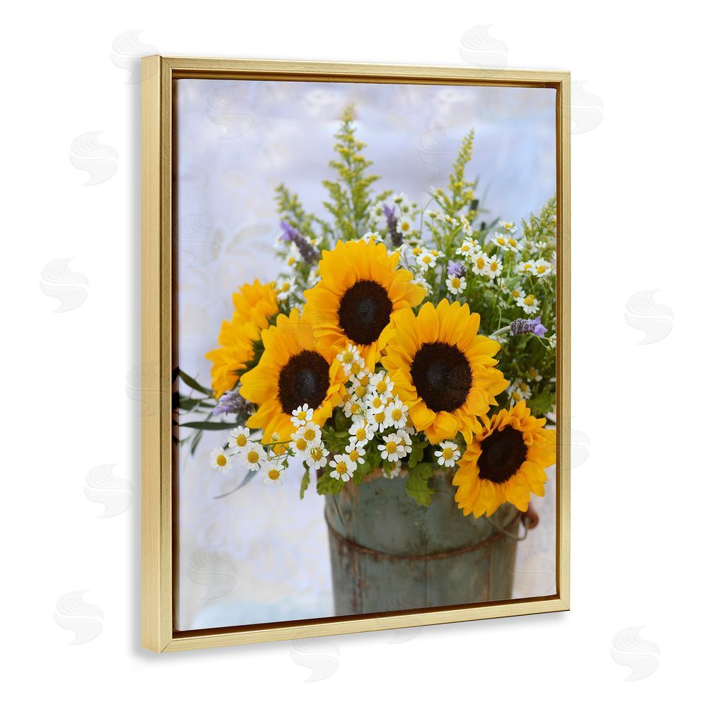 Claire Brocato Sunflower Bouquet in Tin Gold Floating Frame Canvas Wall Art Print