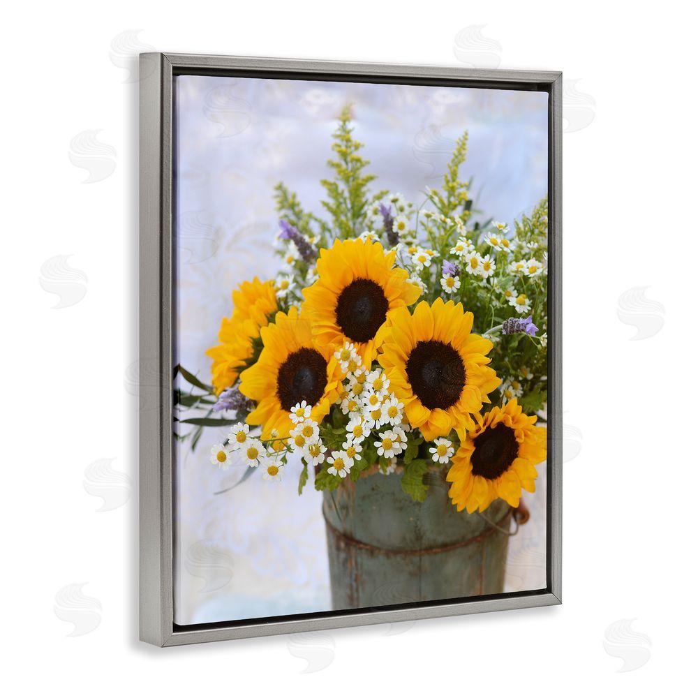 Claire Brocato Sunflower Bouquet in Tin Grey Floating Frame Canvas Wall Art Print