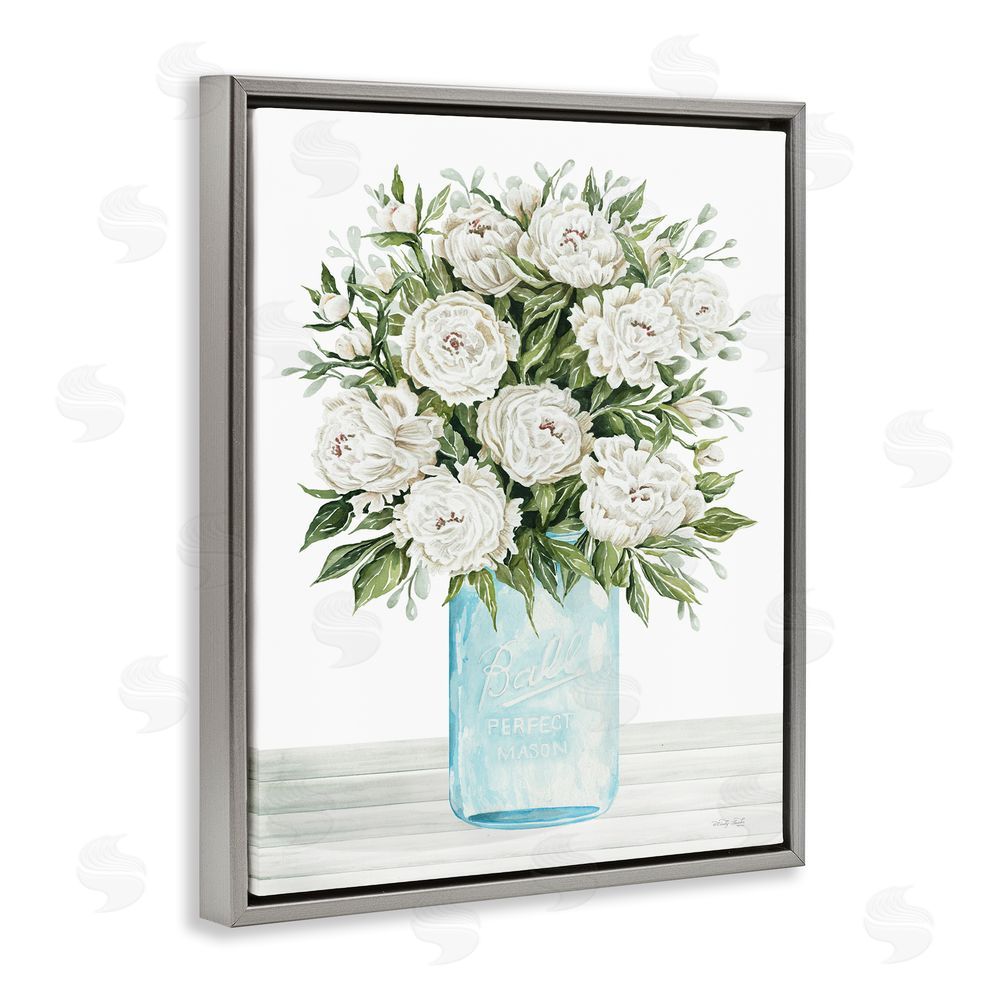 Cindy Jacobs White Carnations Bouquet Grey Floating Frame Canvas Wall Art Print