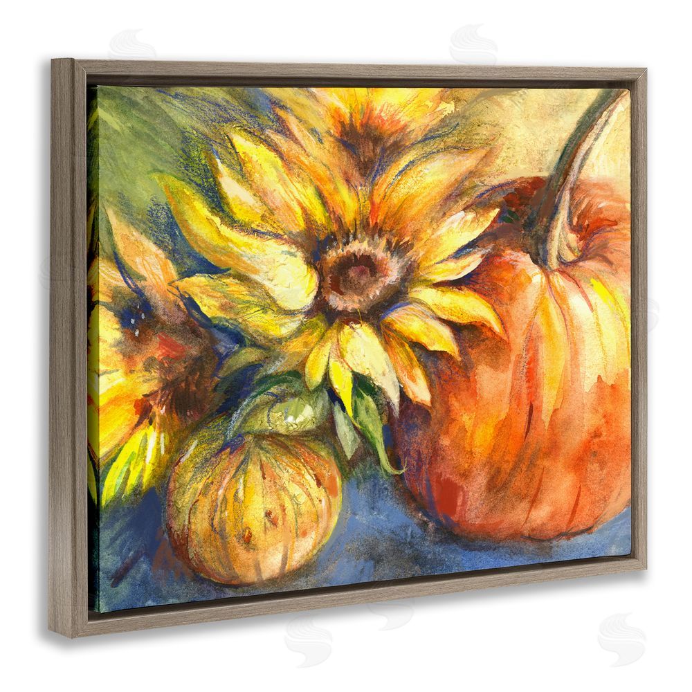 Joy Allen Fall Sunflowers & Gourds Brown Floating Frame Canvas Wall Art Print