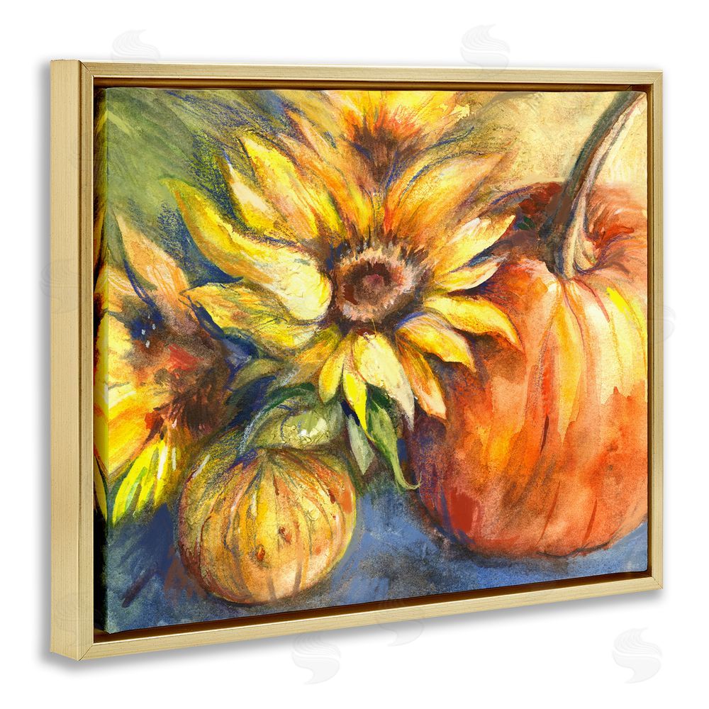 Joy Allen Fall Sunflowers & Gourds Gold Floating Frame Canvas Wall Art Print