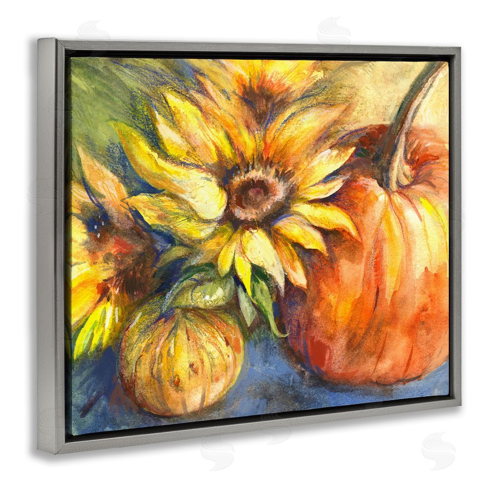 Joy Allen Fall Sunflowers & Gourds Grey Floating Frame Canvas Wall Art Print