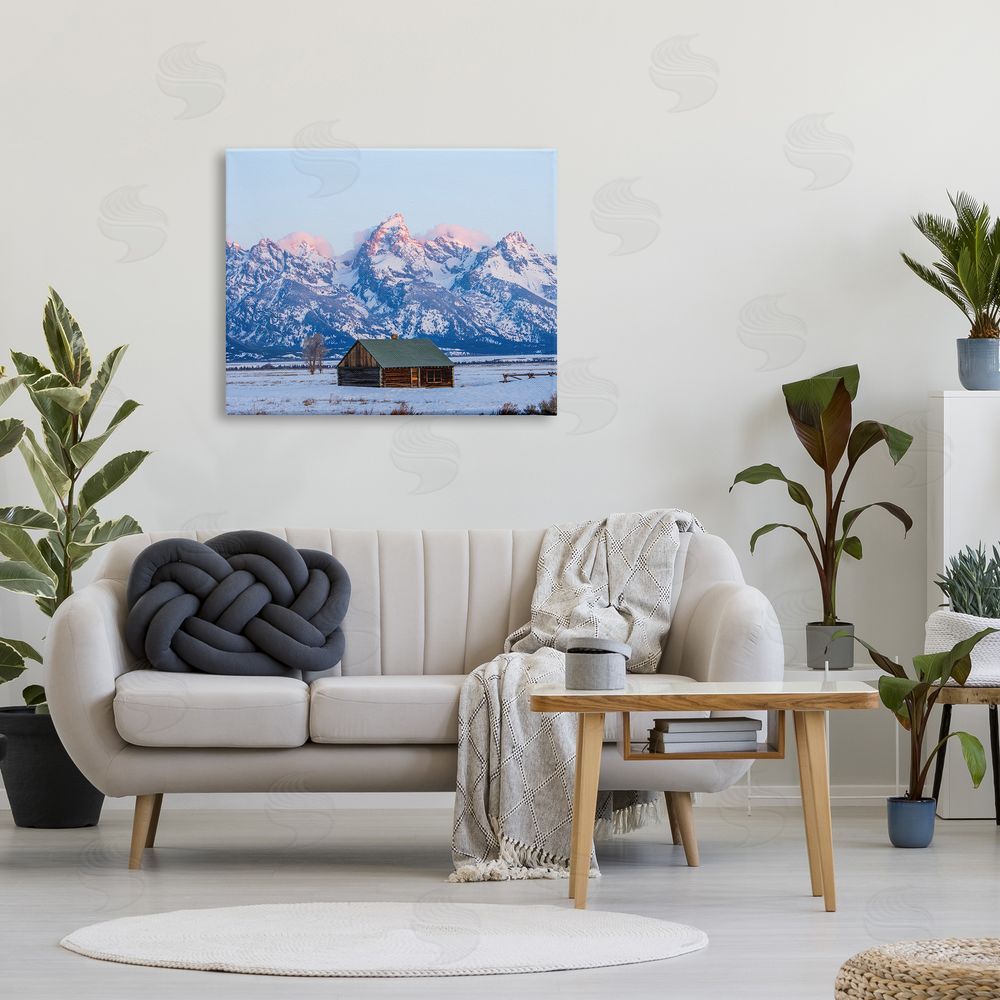 Jared Kreiss Winter Snowy Peaks & Cabin Canvas Wall Art Print in Room